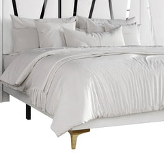 E-Furniture White Upholstered Bed with Golden Stripes – Luxury Fabric Platform Bed Frame | Perfect for Adobe Creative Space