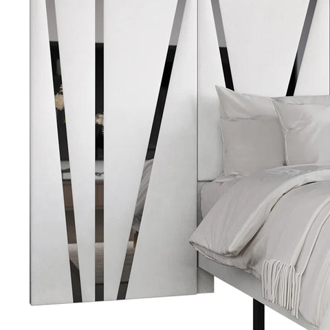 E-Furniture White Upholstered Bed with Golden Stripes – Luxury Fabric Platform Bed Frame | Perfect for Adobe Creative Space