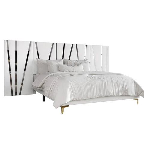 E-Furniture White Upholstered Bed with Golden Stripes – Luxury Fabric Platform Bed Frame | Perfect for Adobe Creative Space