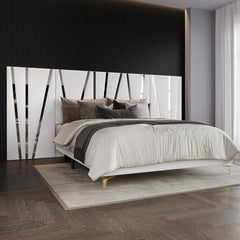 E-Furniture White Upholstered Bed with Golden Stripes – Luxury Fabric Platform Bed Frame | Perfect for Adobe Creative Space
