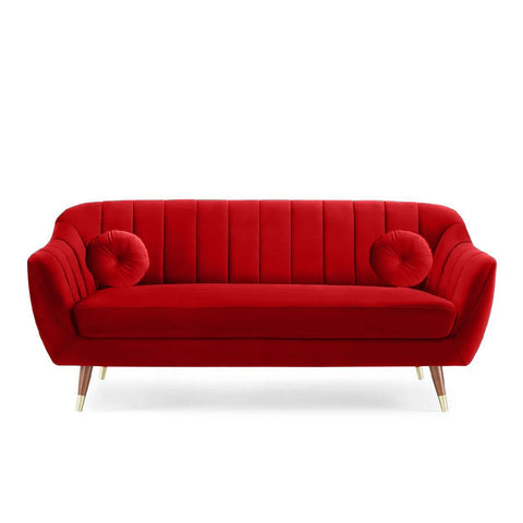 Crimson Elegance | Channel-Tufted Velvet Sofa, Modern Chic