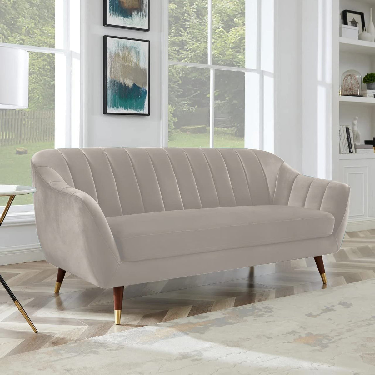 Pearl Essence | Luxe Channel-Tufted Velvet Sofa, Light Beige