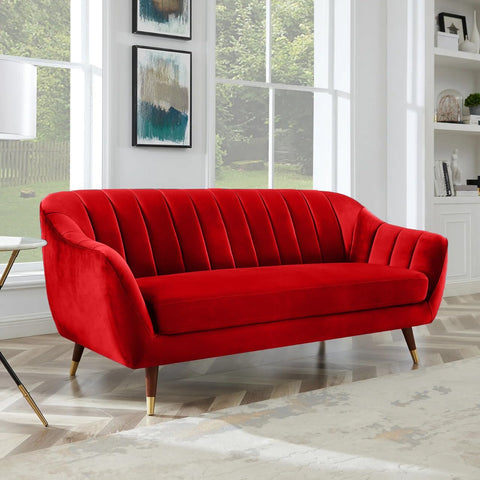 Crimson Elegance | Channel-Tufted Velvet Sofa, Modern Chic