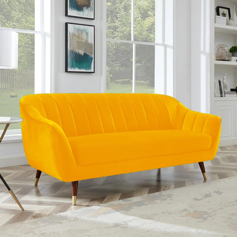 Sunshine Bliss | Modern Channel-Tufted Velvet Couch, Bright Yellow