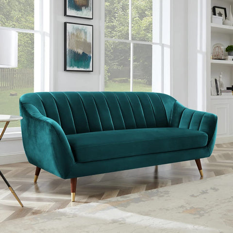 Teal Tranquility | Channel-Tufted Velvet Couch, Modern Elegance