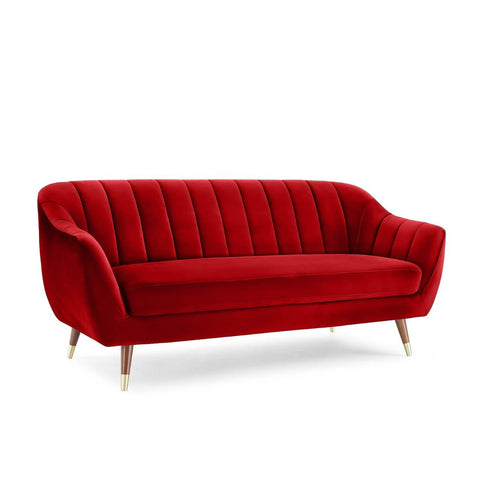 Crimson Elegance | Channel-Tufted Velvet Sofa, Modern Chic