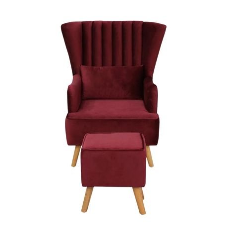 Crimson Comfort | Luxurious Velvet Armchair and Ottoman, Ruby Red