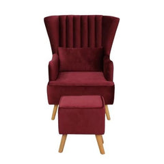 Crimson Comfort | Luxurious Velvet Armchair and Ottoman, Ruby Red