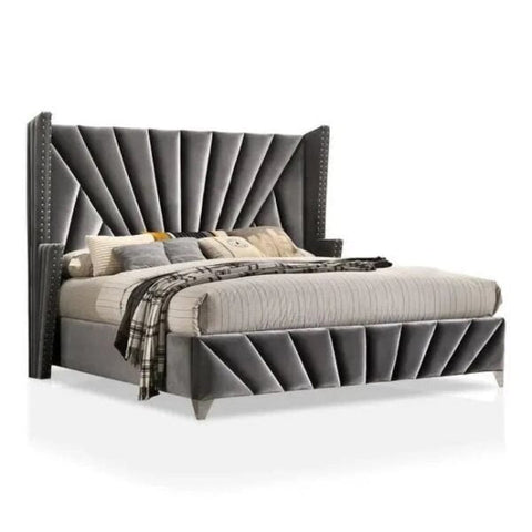 E-Furniture | Geometric Grace King-Size Upholstered Bed, Modernist Grey