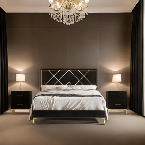 Royal E Furniture | Luxora Gold King Size Upholstered Bed, Ebony Black