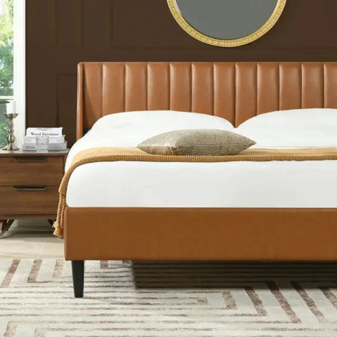 E-Furniture | Selene Luxe Upholstered Queen Size Bed, Cognac Leather