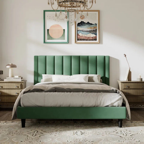 E-Furniture | Tranquil Elegance Upholstered King Size Bed, Sage Green