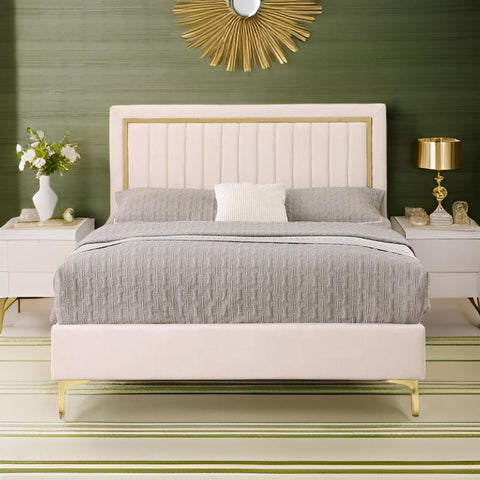 Royal E Furniture | Aurora Luxe King Size Upholstered Bed, Velvet Ivory White