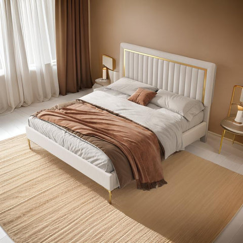 Royal E Furniture | Aurora Luxe King Size Upholstered Bed, Velvet Ivory White