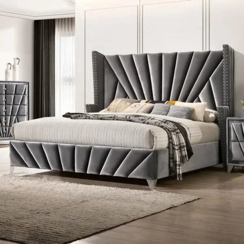 E-Furniture | Geometric Grace King-Size Upholstered Bed, Modernist Grey