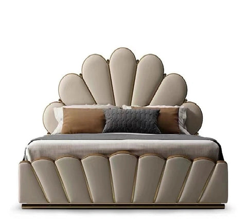 E-Furniture | Opulent Dreams Upholstered California King Bed, Ivory Gold