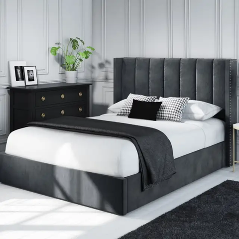 E-Furniture | Atlas Luxe Upholstered Queen Size Bed, Charcoal Velvet