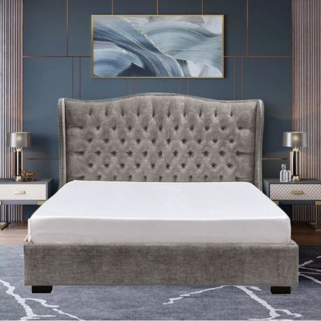 E-Furniture | Gray Diamond King-Size Upholstered Bed, Midnight Elegance