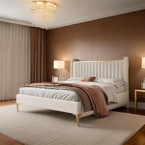 Royal E Furniture | Aurora Luxe King Size Upholstered Bed, Velvet Ivory White