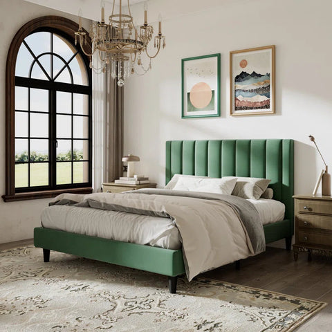 E-Furniture | Tranquil Elegance Upholstered King Size Bed, Sage Green