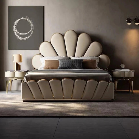 E-Furniture | Opulent Dreams Upholstered California King Bed, Ivory Gold