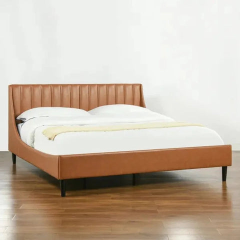 E-Furniture | Selene Luxe Upholstered Queen Size Bed, Cognac Leather