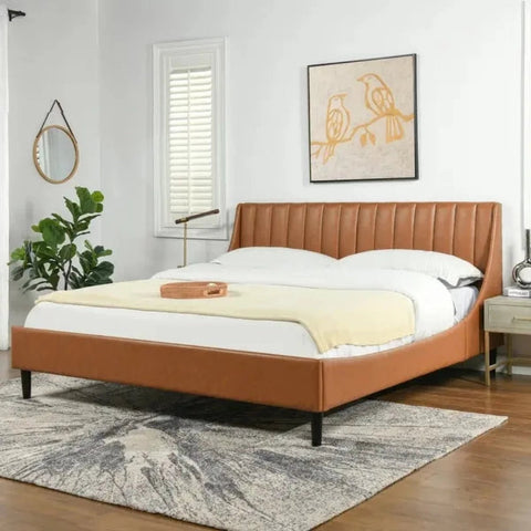 E-Furniture | Selene Luxe Upholstered Queen Size Bed, Cognac Leather