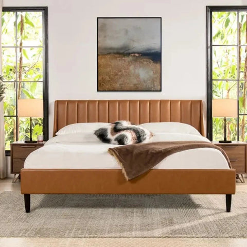 E-Furniture | Selene Luxe Upholstered Queen Size Bed, Cognac Leather