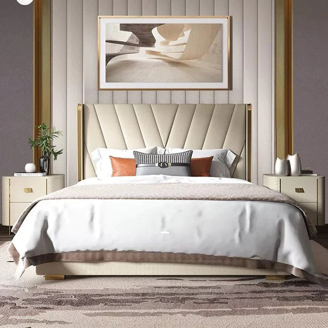 E-Furniture | Luxe Haven Upholstered King Size Bed, Ivory White