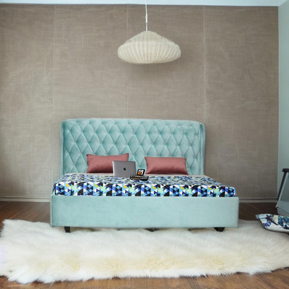 E-Furniture Mario Queen size Upholstered bed in Blue color - E-FURNITURE