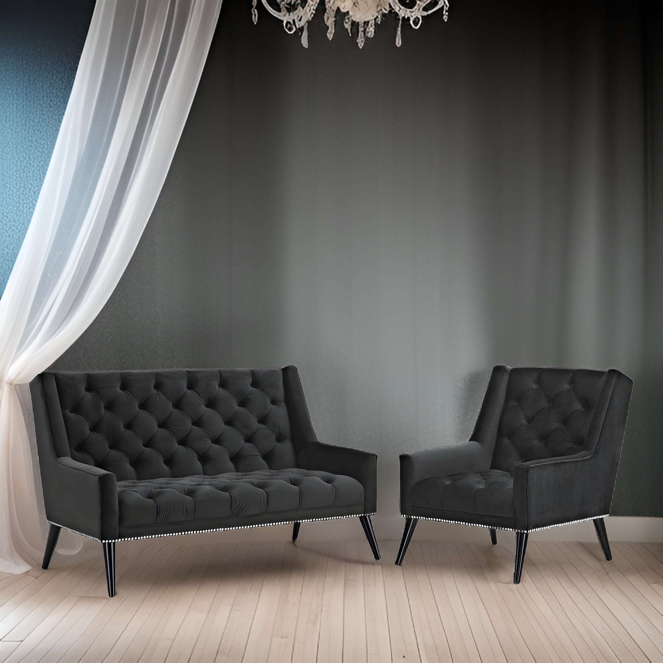 E-Furniture Midnight Luxe 3+2 Sofa Pack In Black Colour
