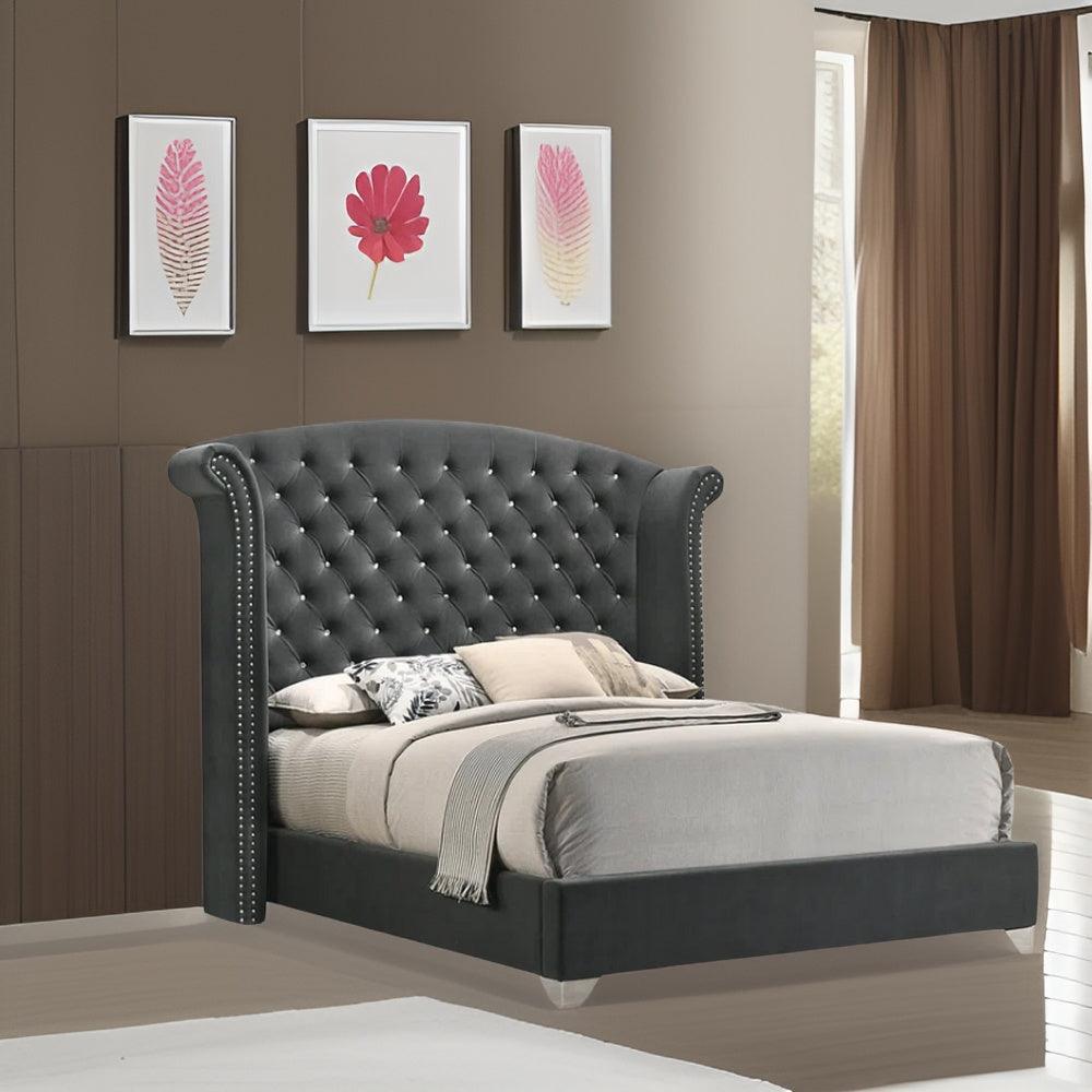 E-FURNITURE Munich Queen Size Without Storage Upholstered Bed In Grey Color - E-FURNITURE