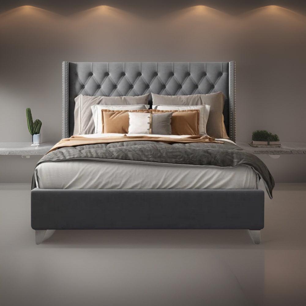 E-FURNITURE York Queen Size Without Storage Upholstered Bed In Grey Color - E-FURNITURE