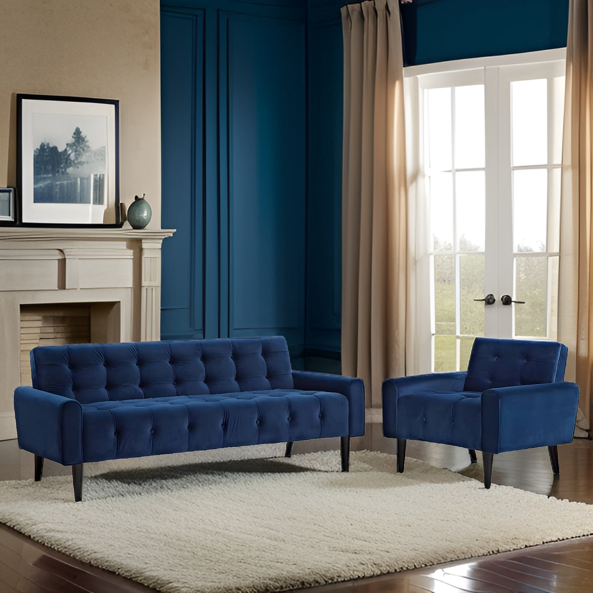 E-Furniture RoyalRendezvous  3+1, Sofa Pack In Velvet Blue Colour