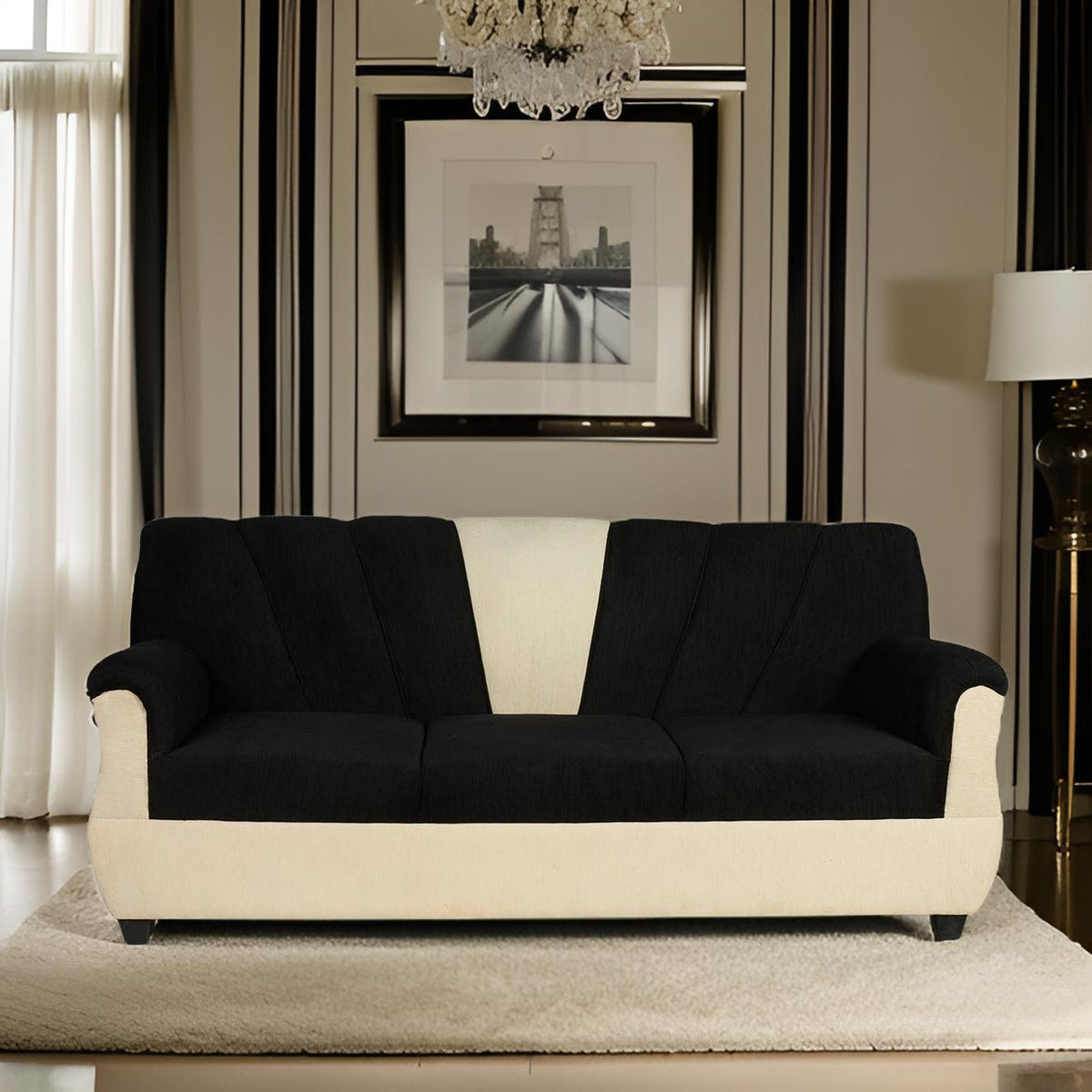 E-Furniture | NoirStripe Modern Sofa, Sleek Black & Cream