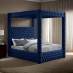 E-Furniture Alice Queen Size Non Storage Canopy Upholstered Bed In Navy Blue Color