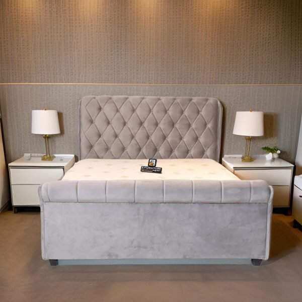 E-Furniture | Nimbus Queen size Bed with Sleek Headboard without storage, Mist Gray