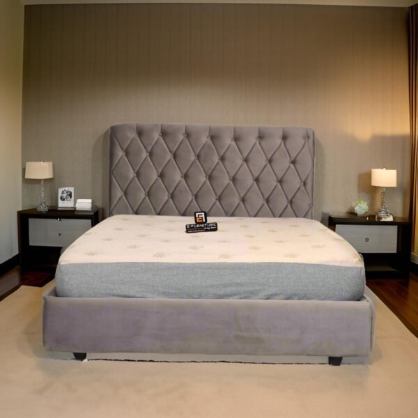 E- Furniture | johnny Upholstered Teak Queen size Bed without Storage, Grey Color