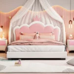 E-Furniture Microsoft Office White and Gold Upholstered Bed – Elegant Fabric Platform Bed - Image 5