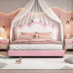 E-Furniture Microsoft Office White and Gold Upholstered Bed – Elegant Fabric Platform Bed - Image 2