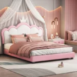 E-Furniture Microsoft Office White and Gold Upholstered Bed – Elegant Fabric Platform Bed - Image 3