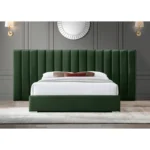 E-Furniture Luxury Upholstered Bed with Velvet Headboard, Teak Wood Frame In Green color