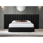 E-Furniture Luxury Upholstered Bed with Velvet Headboard, Teak Wood Frame In Grey color