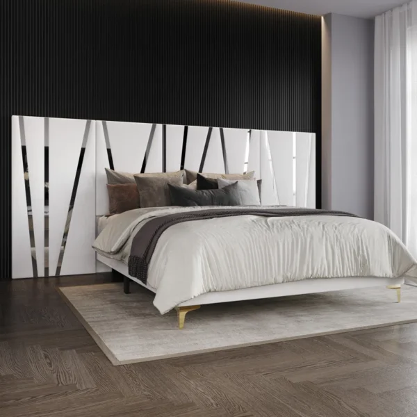 E-Furniture White Upholstered Bed with Golden Stripes – Luxury Fabric Platform Bed Frame | Perfect for Adobe Creative Space