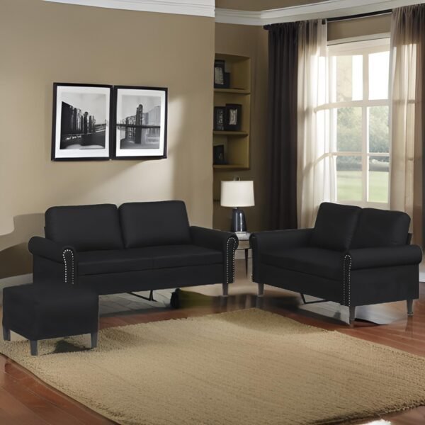 E-Furniture Obsidian Noir 3+2, Ottoman Sofa Pack In Black Colour Leatherette